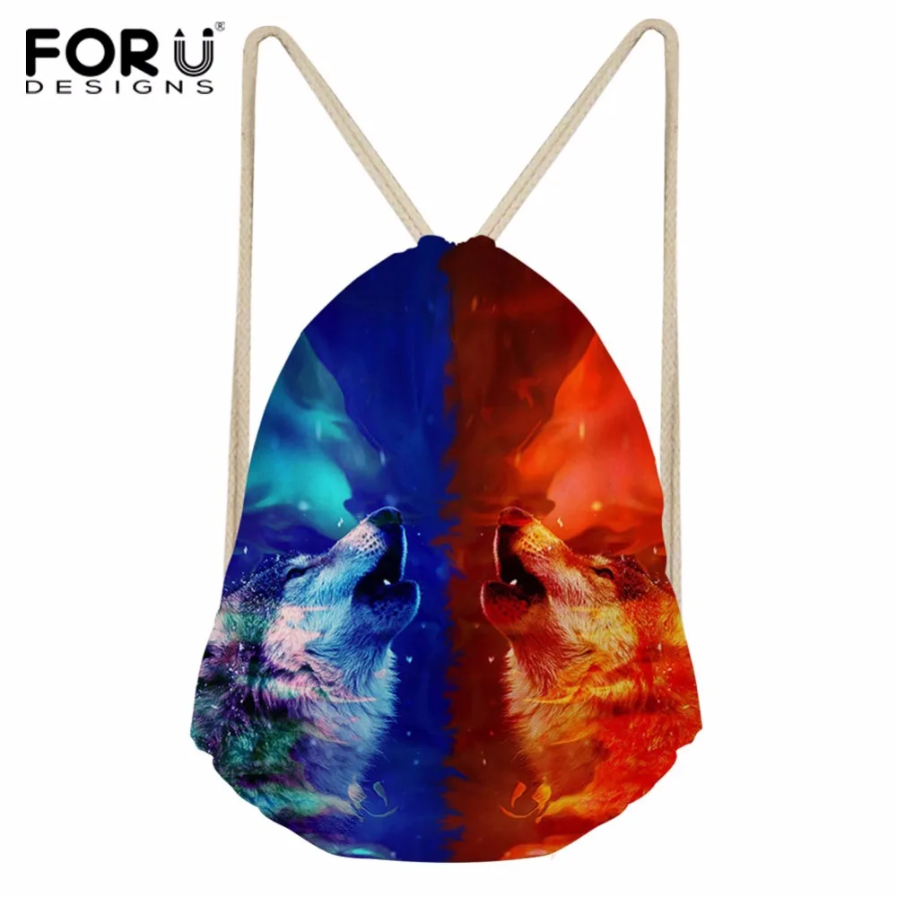 

FORUDESIGNS Color Wolf Pattern Polyester Drawstring Bag Women String Storage Teen Girl Carry on Backpack Student Book Bag