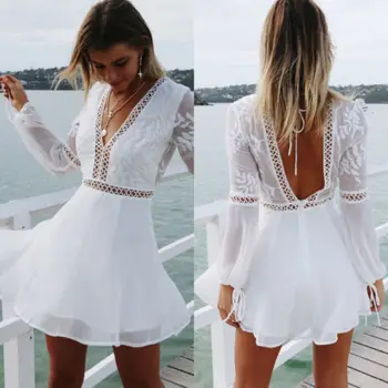

Women Boho V Neck Long Sleeve Backless Dress Pure White Party Summer Beach Mini Sundress Sexy Dress