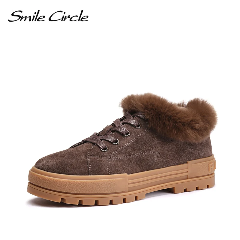 

Smile Circle 2018 Winter Chunky sneakers Women Genuine Leather Warm Real Fur Lace-up Flat platform shoes Fashion casual shoes