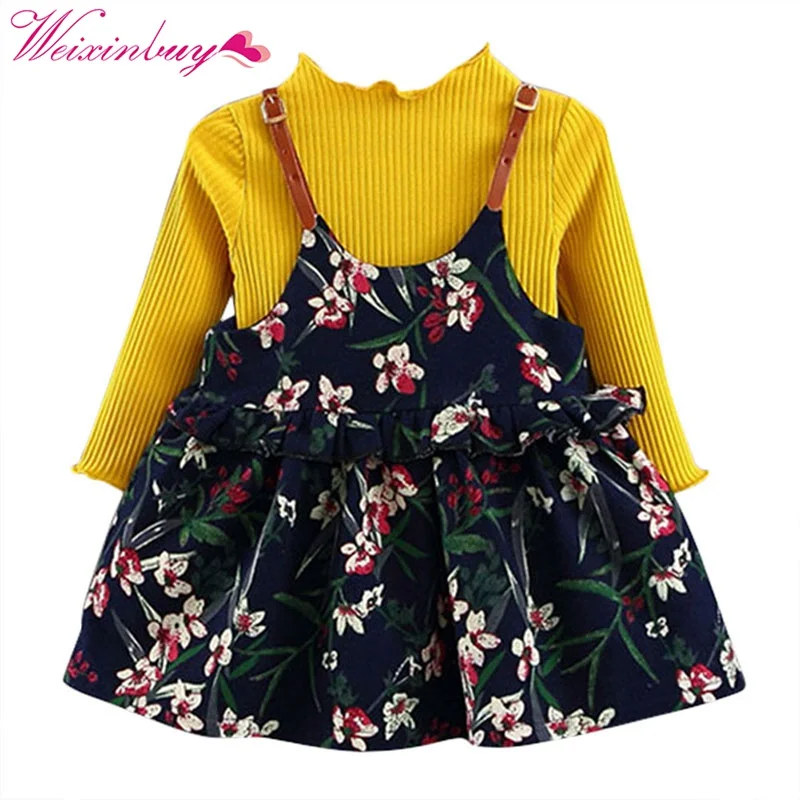 

WEIXINBUY Kids Girls Clothes Sets Princess Long Sleeve Tops T-shirt + Cute Dresses Children Baby 2pcs set