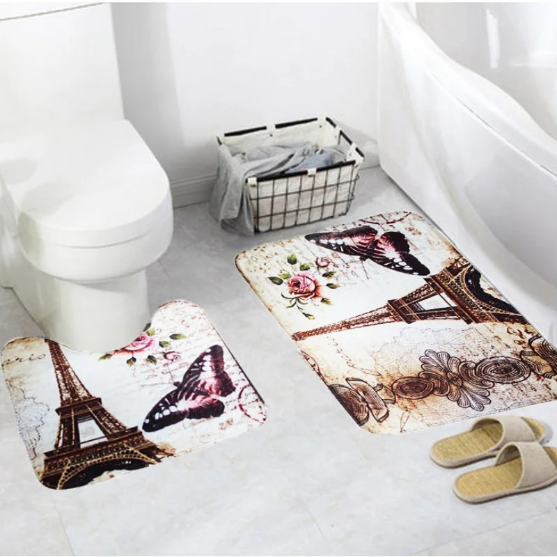 2Pcs Soft Paris Eiffel Tower Bath Pedestal Rug Cover Bathroom Bath Mat Set Household Bathroom