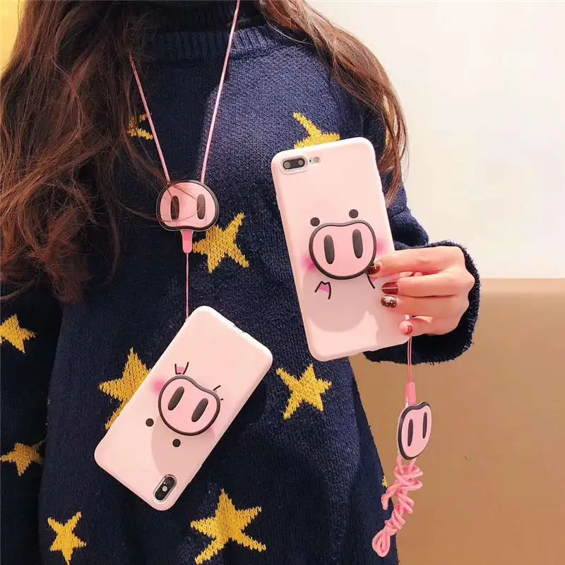 For Samsung Galaxy S8 S9 S10 PLUS NOTE 8 9 Case Pig Nose Soft Phone Strap Rope Case For Samsung J330 J530 J730 S10 Lite cases