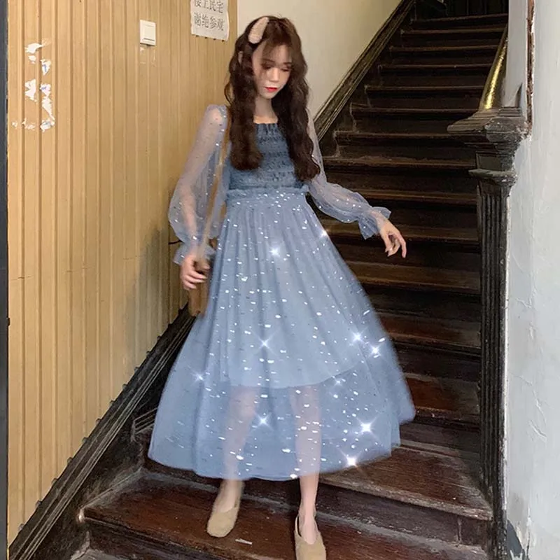 Женское Сетчатое платье с блестками и звездами новинка 2019 Осеннее корейское