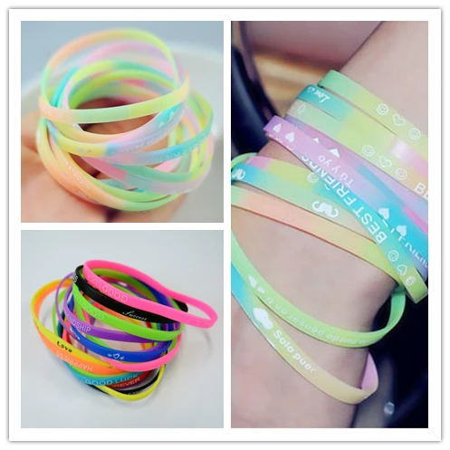 

10 Pcs Silicone letter bracelets Gradient color Bracelet Unisex Wristband Kids Elastic Rubber Kids Bracelet Gifts