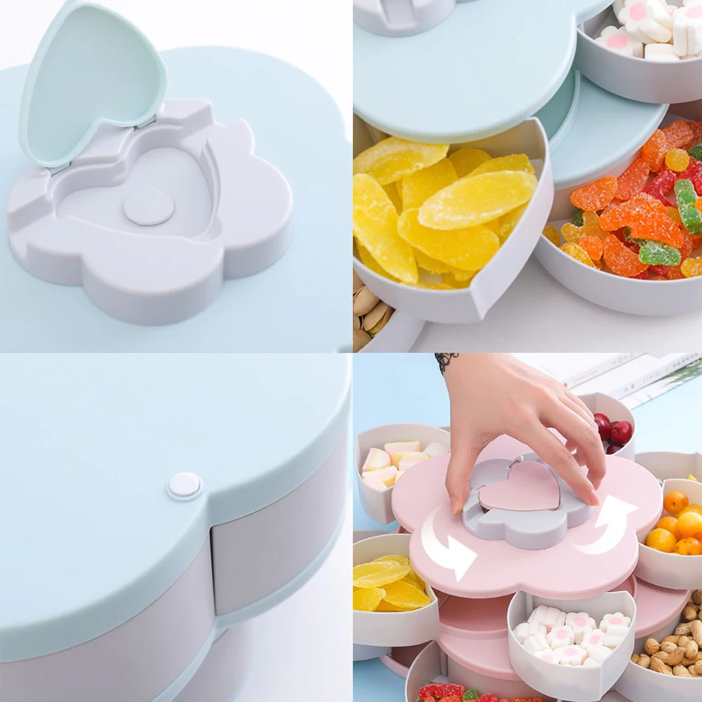 Pokich Bloom, вращающаяся коробка для закусок, пластиковый цветочный дизайн, коробка для хранения конфет, еды, органайзер с держателем для телефона