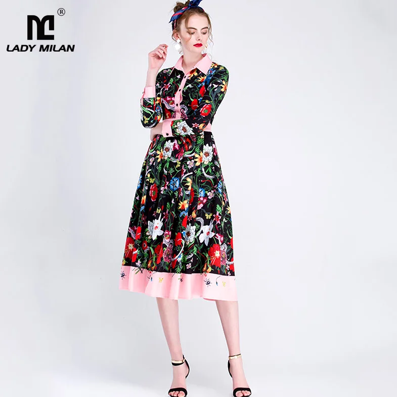 New Arrival 2018 Women's Turn Down Collar Long Sleeves Printed Runway