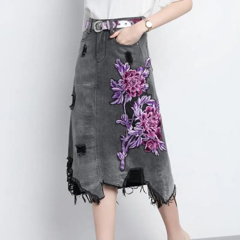 

Summer Fall Fashion Casual Womens 3XL XXL Ripped Irregular Embroidery Grey Black Denim Skirt , Female Woman Tassel Jeans Skirts