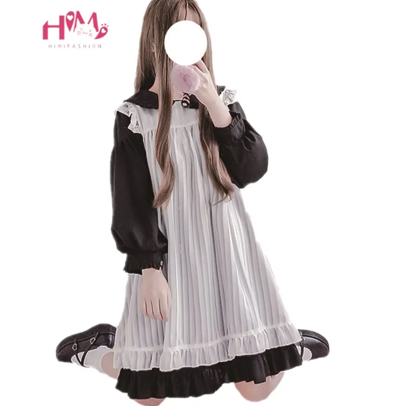 

Japanese Kawaii Women Dress Lolita Teen Girls Cute Lace Ruffle Overall Dress Long Sleeve Vintage Two Piece Set Maid Dress Pink