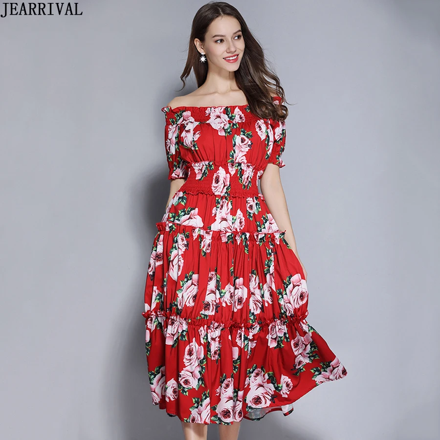 2019 New Fashion Floral Spring Summer Dress Women Slash Neck Short ...