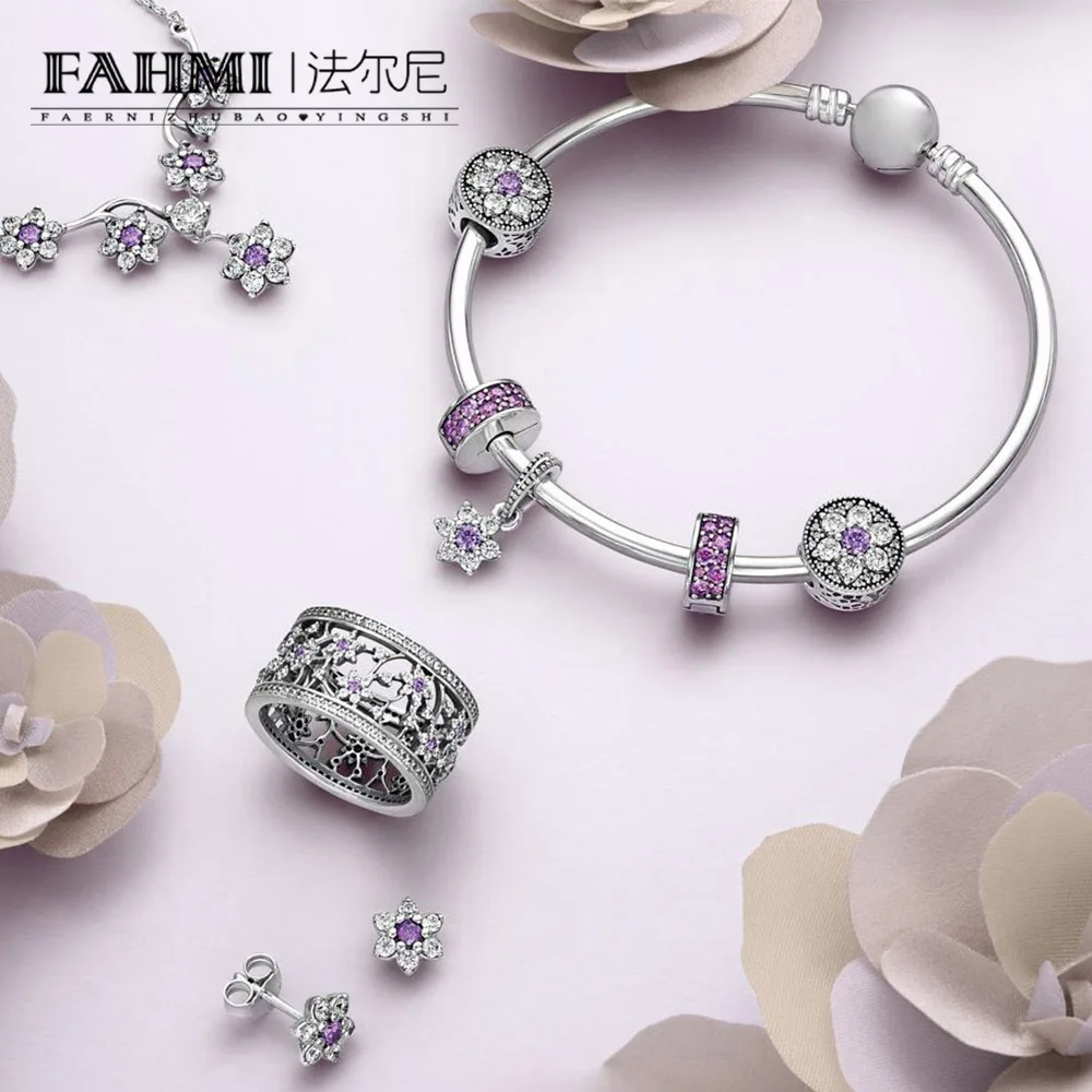 

FAHMI 100% 925 Sterling Silver 1:1 Forget Me Not Purple Flower Beaded Pendant Bracelet Bangle Ring Stud Earrings Set
