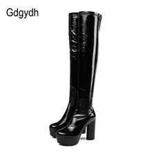 Gdgydh/ботфорты женские черные сапоги с круглым носком женские сапоги из натуральной лакированной кожи на высоком толстом каблуке Большие размеры