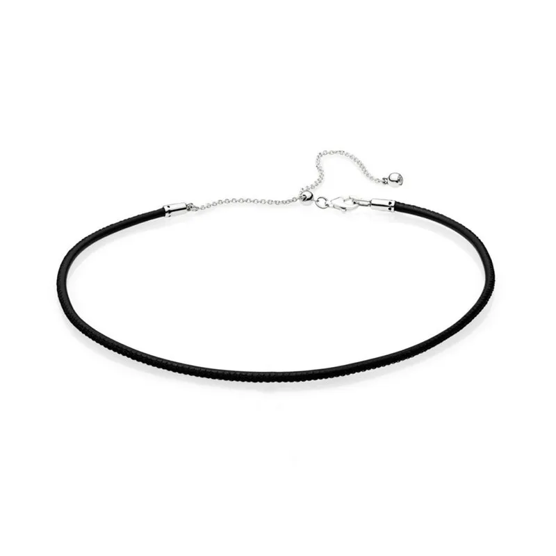 

Trendy Genuine 925 Sterling Silver Black Leather Choker Necklace For Women Wedding Birthday Party Gift Fit Branded Fine Jewelry