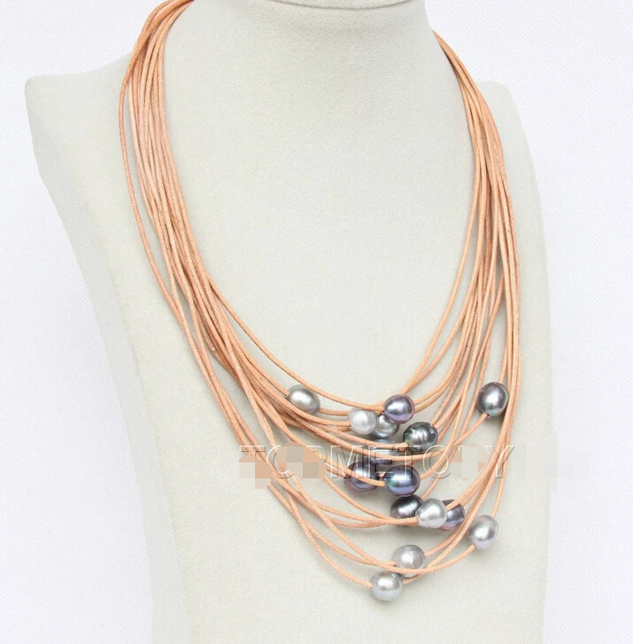 

Free shipping >>>>>>15Strands Genuine black gray pearls Khaki leather necklace e2389