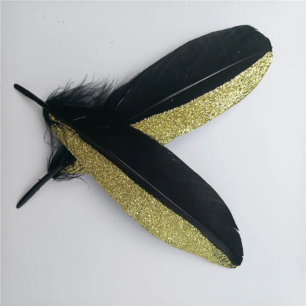 12 Piece Dyed Natural Goose Feather Trim for Millinery DIY Art Crafts Party Decoration Black and Gold 15-20cm