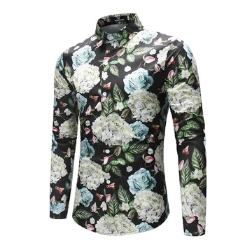 

2019 Spring New Men's Flower Printed Shirts Male Slim Fit Long Sleeve Floral Print Shirt Man Party Shirts Tops Big Size M-4XL