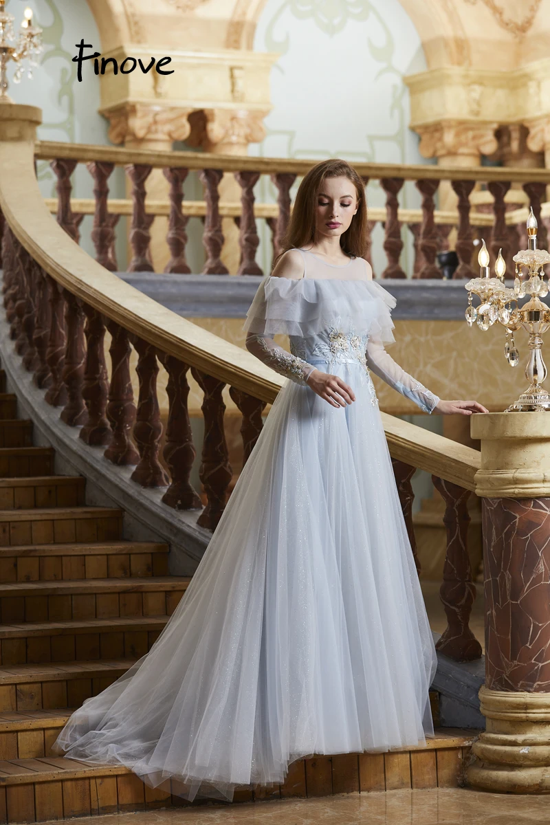 Finove, новинка, платье для выпускного вечера, длинное,, Robe De Soiree, сексуальная иллюзия, полный рукав, о-образный вырез, тюль, аппликация, женские вечерние платья размера плюс