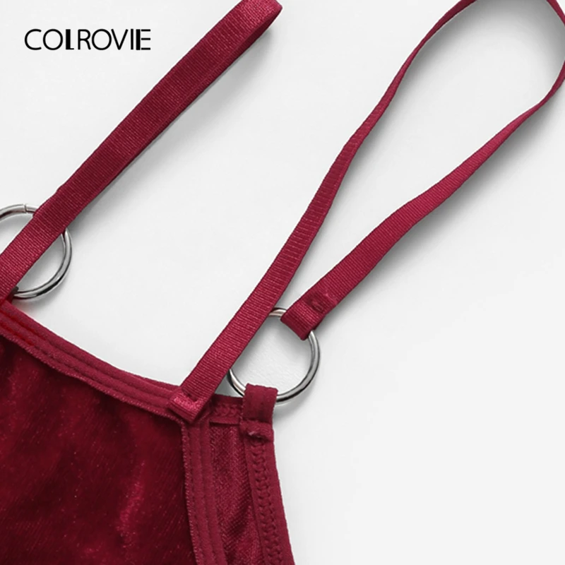 COLROVIE Burgundy Cut Out Harness Velvet Sexy Intimates Women Lingerie Set Wireless Underwear Bra Set Thongs With V-Strings
