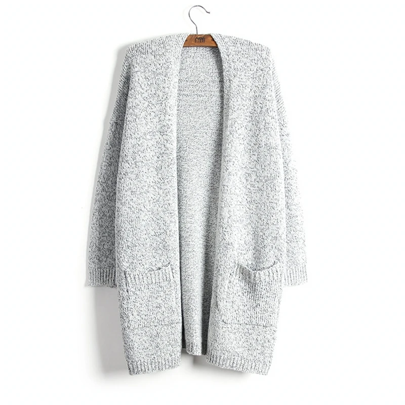 Long Design Cotton Blend Sweater Knit&Cardigan Women Gray Pocket Patch