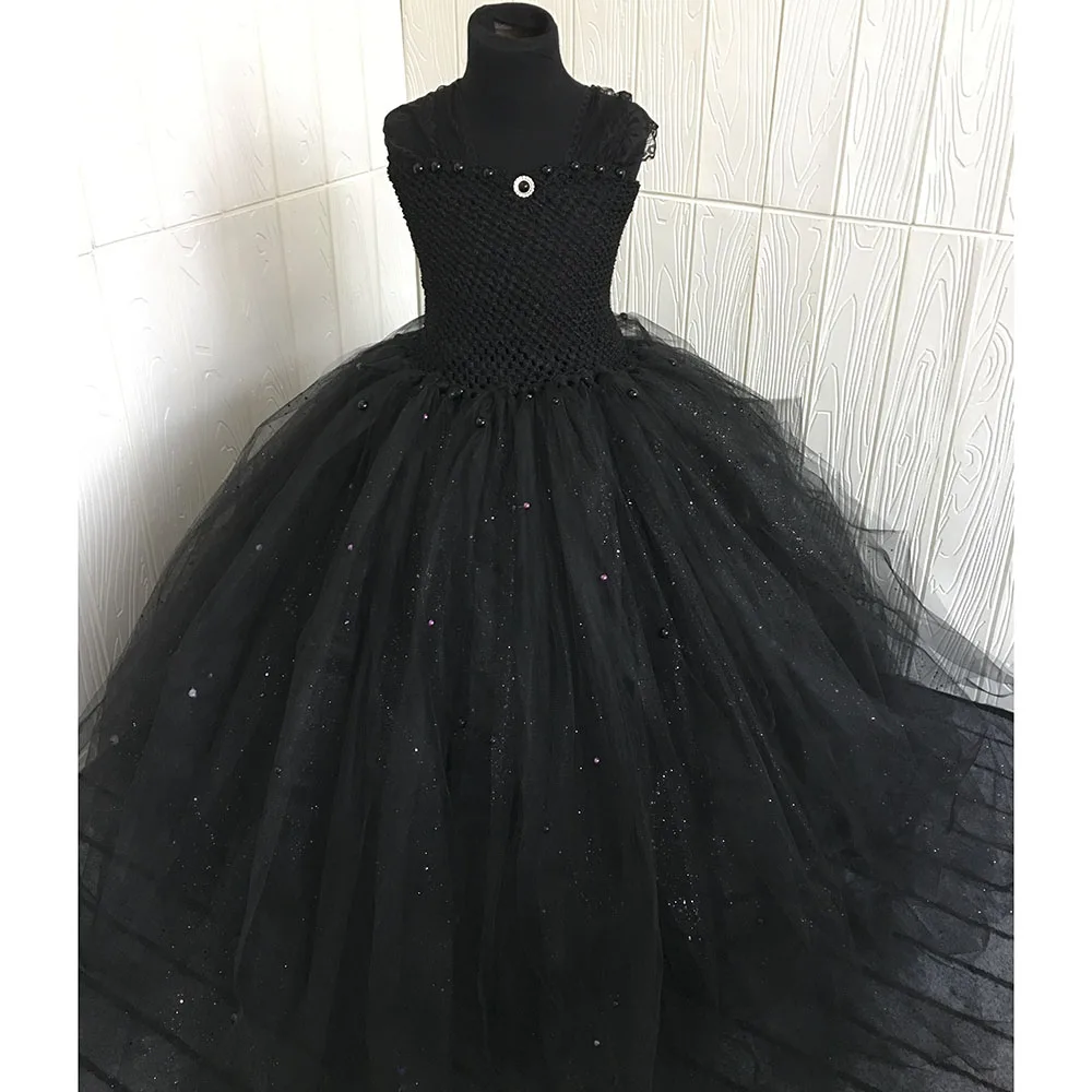 Darkness Black Fluffy Kids Dress Halloween Princess Girl Birthday Evening Carnival Party Tulle Tutu Dress with Pearls for Photo (5)