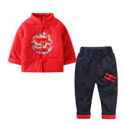 Традиционный китайский Детский костюм, красный хлопковый комплект с вышивкой, винтажные комплекты династии Тан для маленьких мальчиков