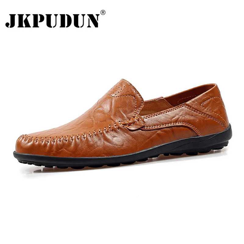 JKPUDUN/большие размеры; Мужская обувь из натуральной кожи; повседневные Роскошные Брендовые мужские лоферы; дизайнерская дышащая обувь для вождения; Мокасины без застежки - Цвет: brown