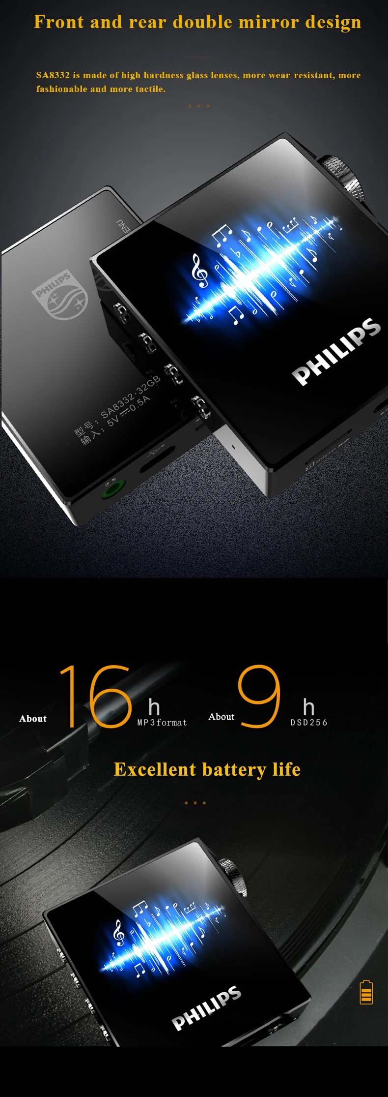 Philips DSD256 Hi-Res MP3 музыкальный плеер без потерь Rusuoo HIFI двухполосный Bluetooth с функцией записи SA8332