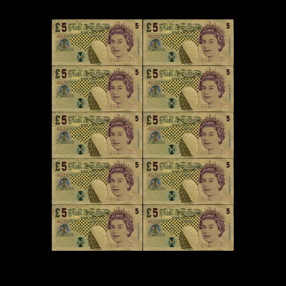 10pcs/lot Gorgeous United Kingdom Banknote 5 Pound Bill Gold 24K Collection of Decorative Gifts | Дом и сад