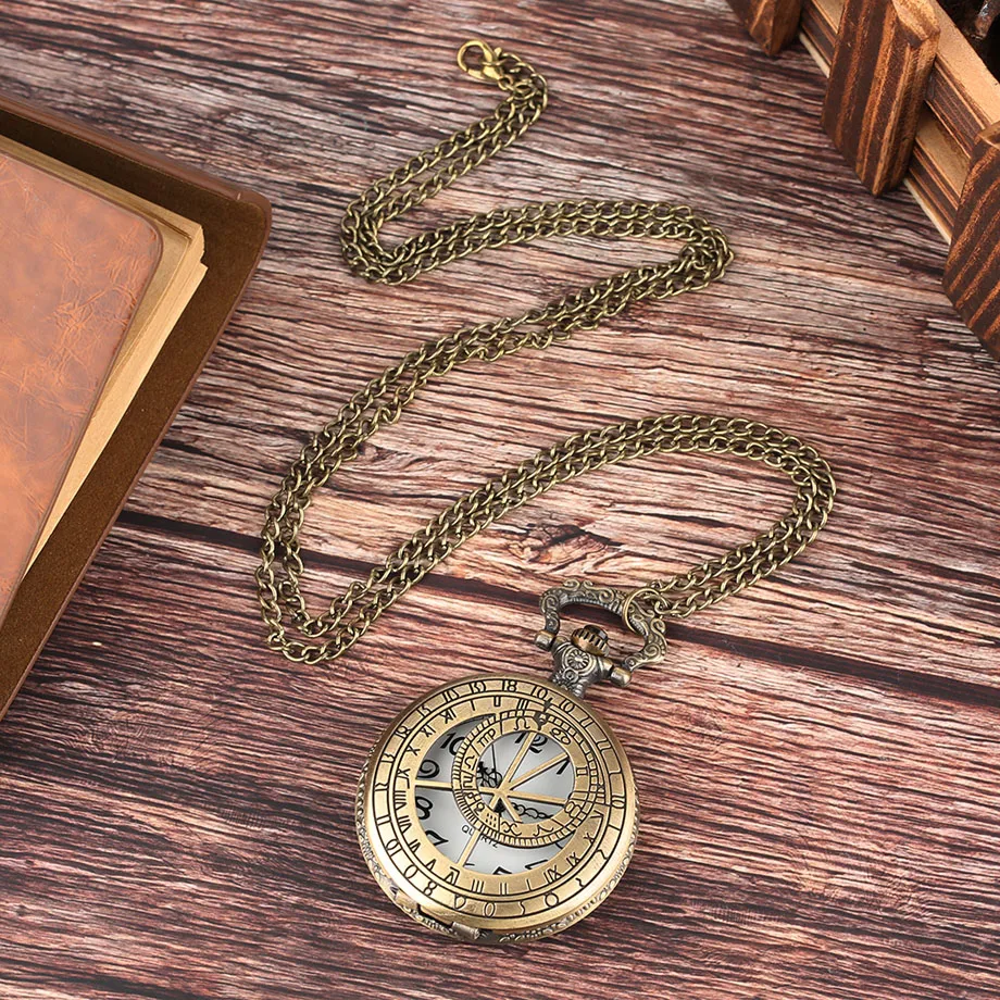 Retro Bronze Geometry Rome Number Compass Case Quartz Pocket Watch Vintage Necklace Pendant Clock Chain Gift Relogio De Bolso (12)