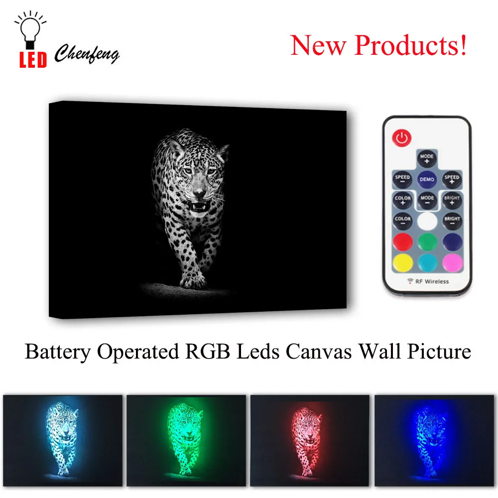 

RGB colorful Led Canvas Wall Decor Black and white Leopard Picture Remote control Canvas Printing Illuminated painting kids Gift