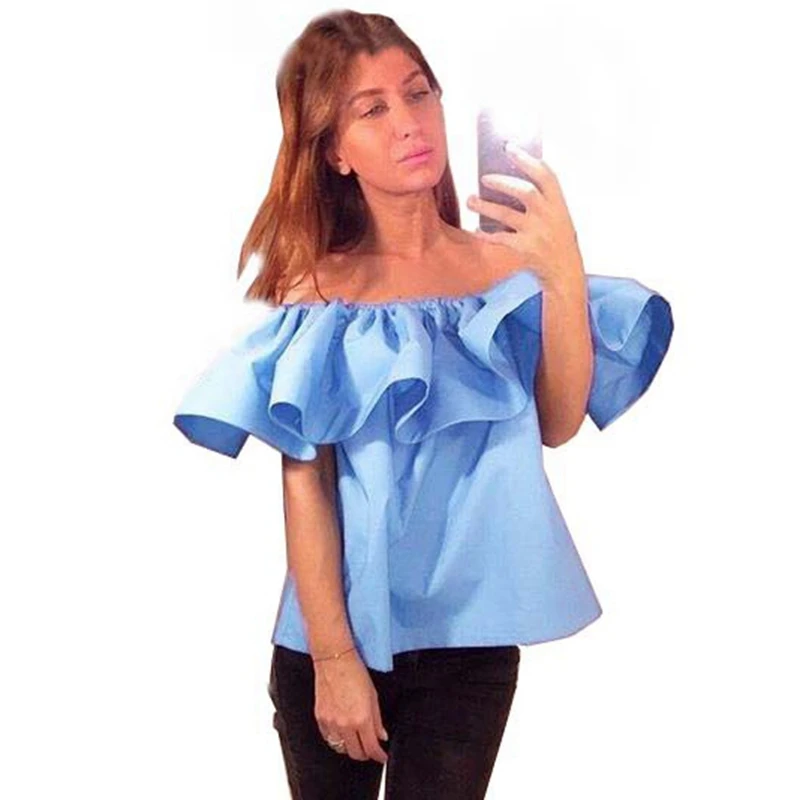 

BAMBOOBOY Off Shoulder Chiffon Shirt Women Streetwear Tops Fashion 2017 Blouse With Short Sleeve Slash Neck Ruffles Blouses H012