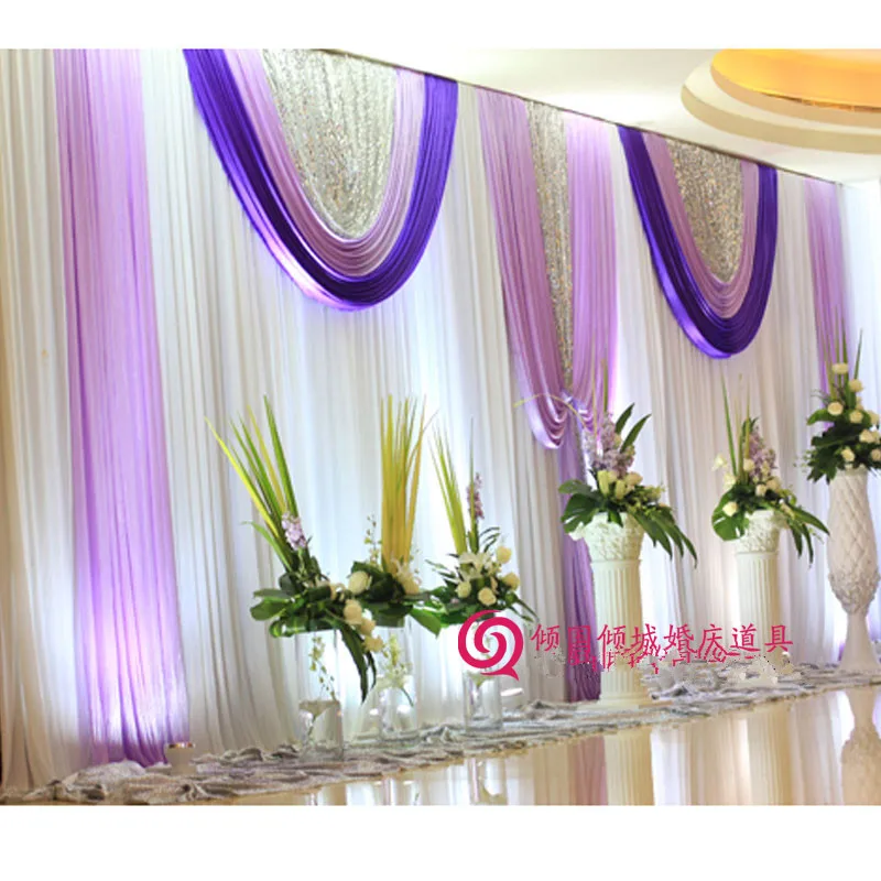 

3*6 M ice silk white Wedding backdrops curtains with purple pleated swag And silver Sequin Fabric for Wedding Party Decoration