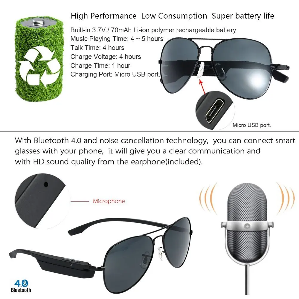K3 Bluetooth гарнитура Солнцезащитные очки поляризованные Беспроводные BT4.1