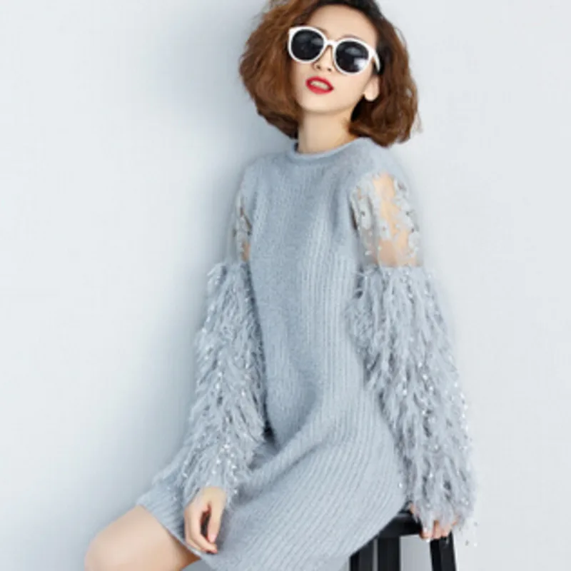 

2019 New Autumn And Winter Fashion Tassels Sequins Patchwork Pullover Hollow Out Sexy Female Sweater LANMREM Clothes