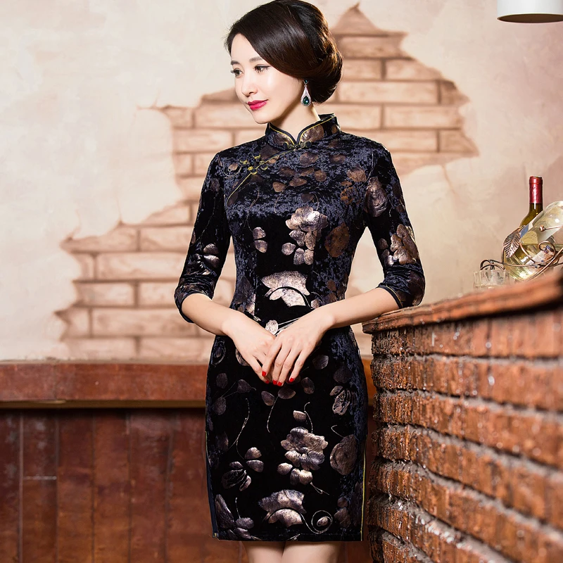 Шанхай история китайский стиль платье традиционное китайское платье цветочный Рисунок бархат Cheongsam Qipao платье для женщин