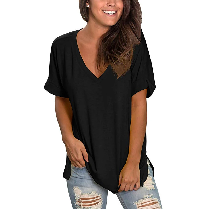 

Womens Summer Short Sleeve V Neck Tunic Roll Up Tops Cute Tees Loose Fitted Henley Workout Shirts