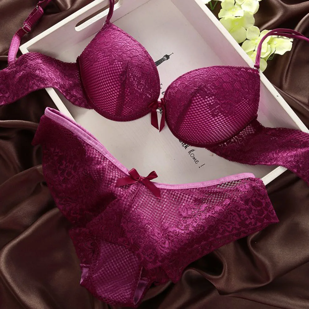 

Women Fashion Deep V Sexy Underwear Lace Push Up Lingerie Cosy Bra Set & Panty Purple