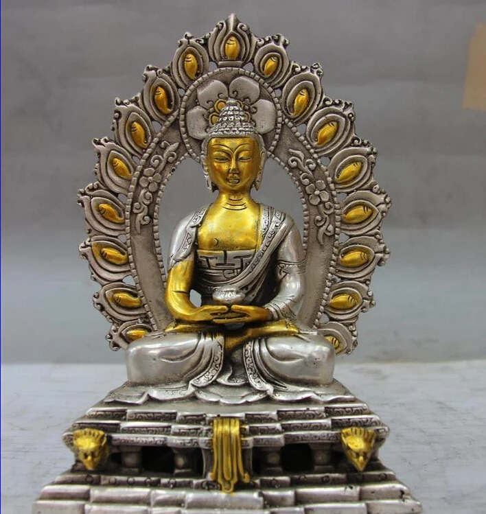 

Collectible bronze S2327 Tibet White Copper Silver Buddhism Statue Temple Sit Tathagata Sakyamuni Buddha