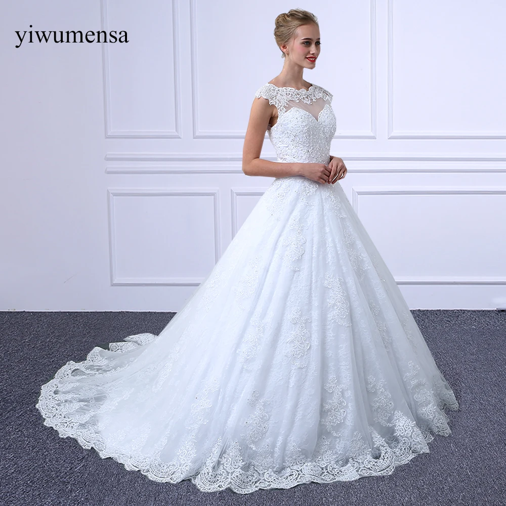 Chanym95warrior Comprar Yiwumensa Vestidos De Noiva Manga Corta Encaje Vestido Novia Una Linea Tren Largo 2018 Robe Mariee Con Cuentas Cintura Online Baratos