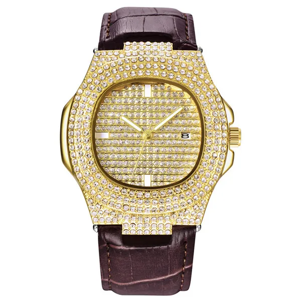 Для мужчин наручные часы блинг полностью искусственными бриллиантами со льдом, золотистый, серебристый, цвета алмаза Для мужчин часы мужской часы relojes para hombre Q4 - Цвет: Gold