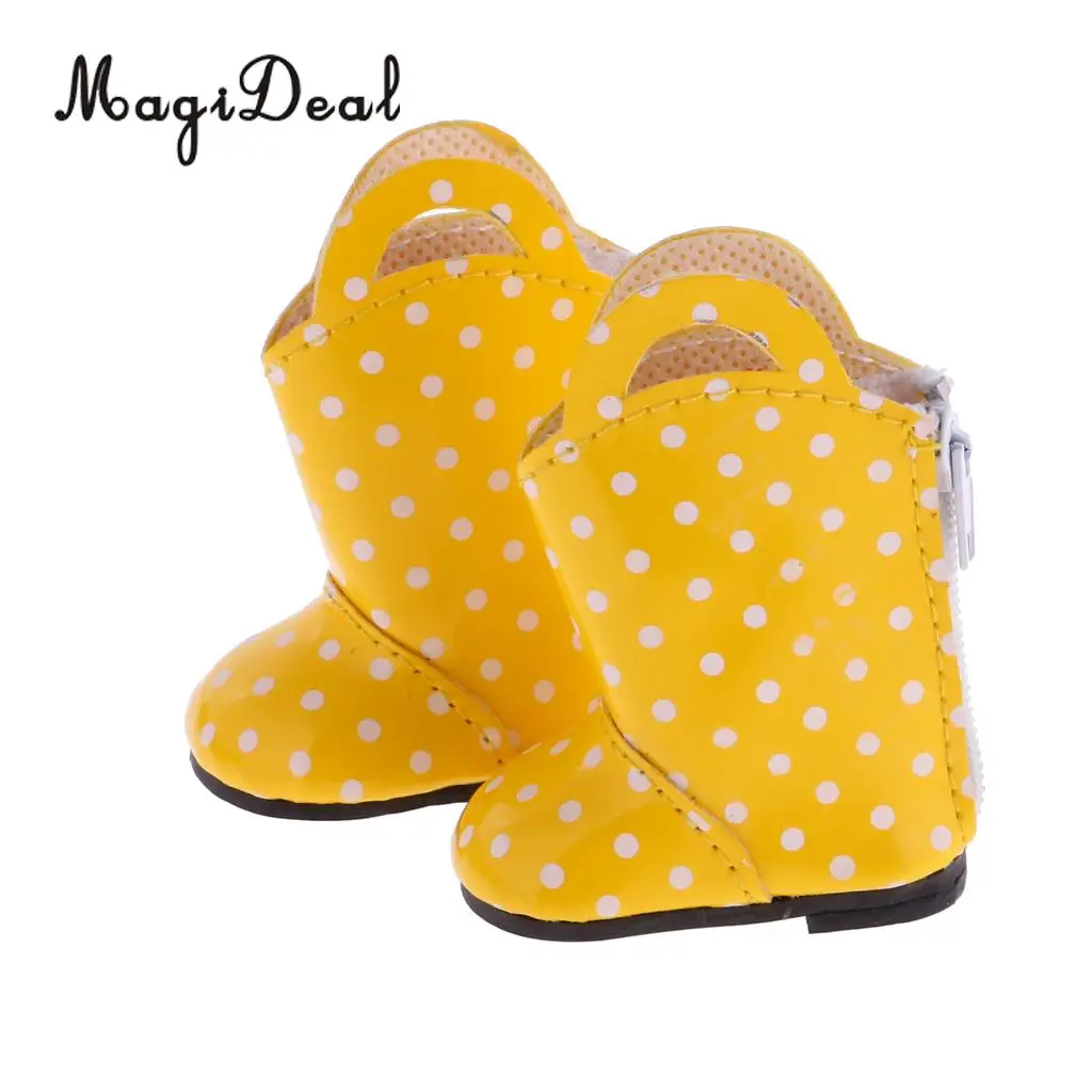 MagiDeal 1 Pair PU Leather Yellow Dots Zipper Back Boots Shoes for 18 Inch   Dolls Baby Outdoor Rain Wear Accs