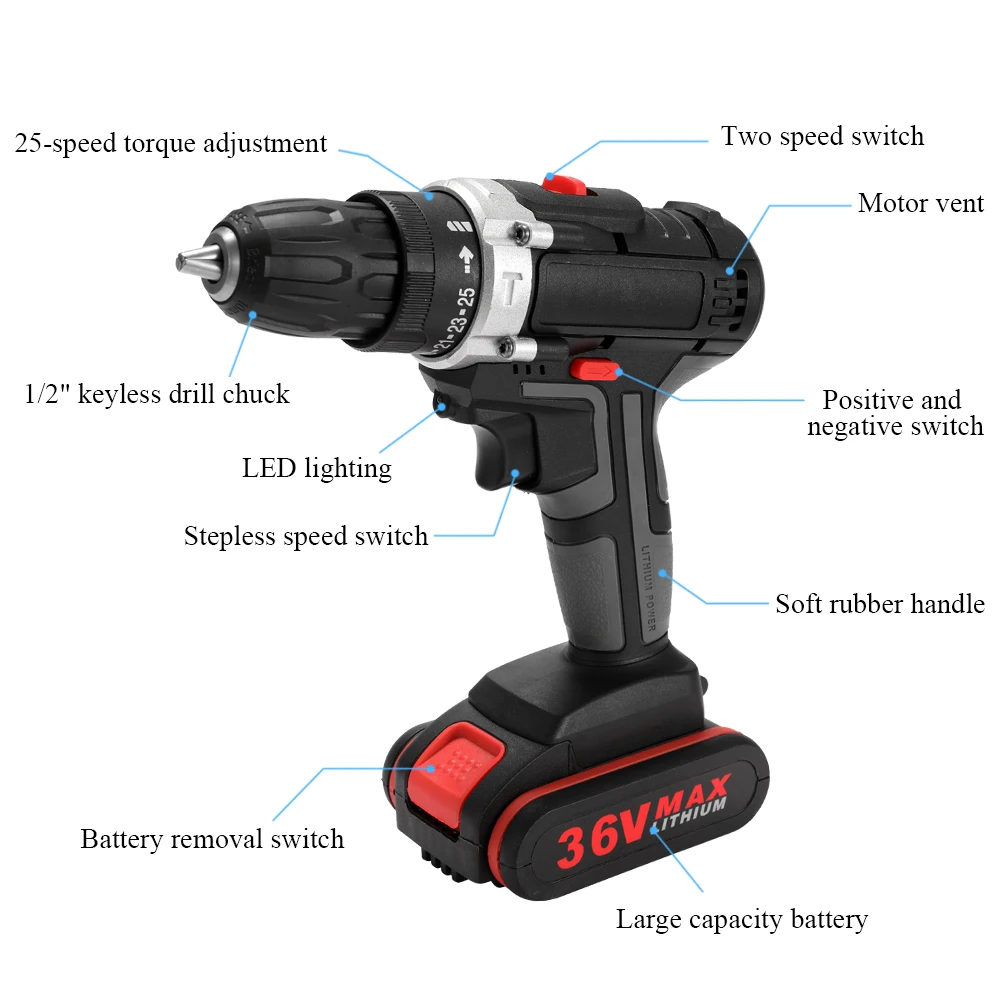 36 В высокомощный электрический шуруповерт Беспроводная Аккумуляторная дрель ручные дрели для дома DIY электрические электроинструменты