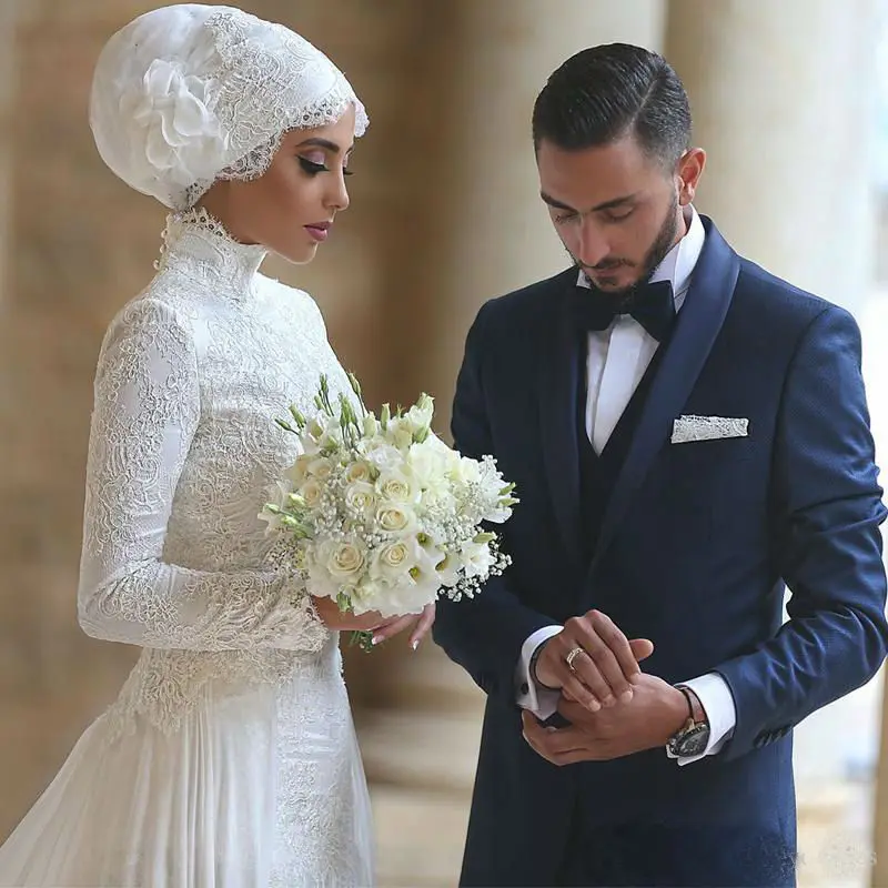 Длинные рукава мусульманское свадебное платье с высоким вырезом кружева аппликация развертки Длина Свадебные платья Vestido De Novia