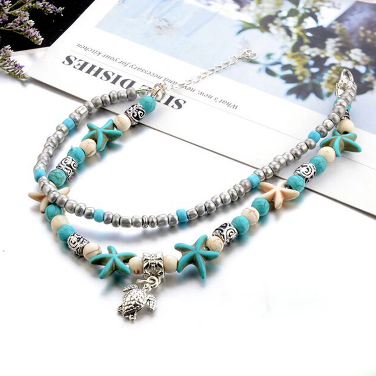 Retro Ethnic Style Sliver Plated Ankle Bracelet Starfish Beads Sea Turtle Anklet Vintage Charms Jewelry Birthday Gifts For Women