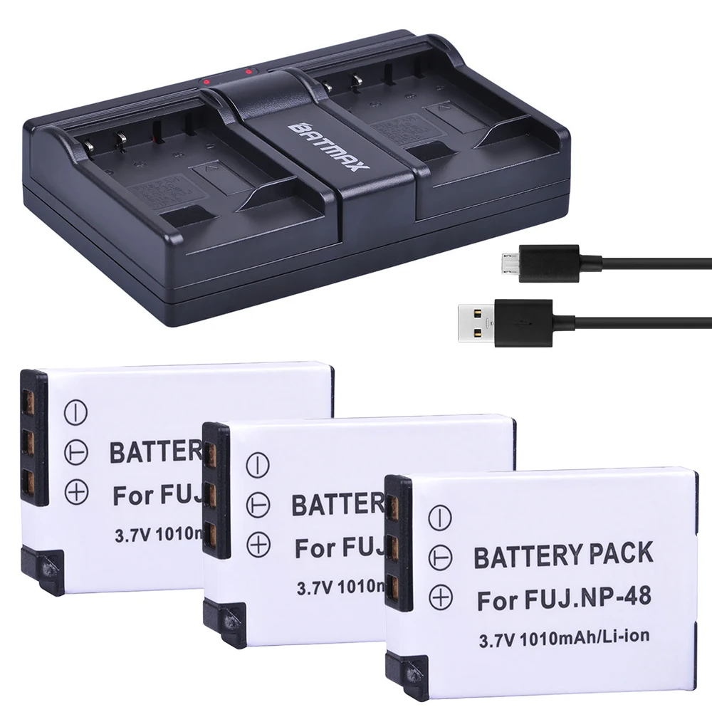 

Batmax 3pc 1010mAh NP-48 NP48 NP 48 Batteries+ Dual USB Charger for Fujifilm XQ1 XQ2 NP-48 Camera Battery