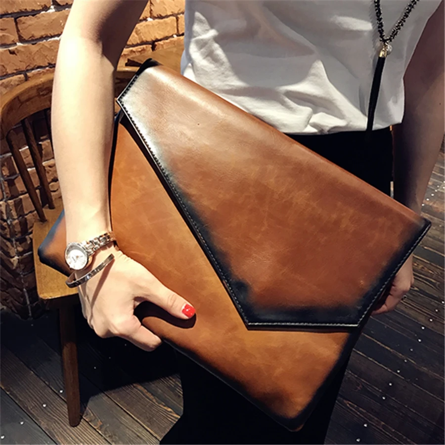 

Vintage Crazy Horse PU Leather Women Envelope Clutch Bags Business Female Clutch Bags Large Capacity IPAD Bag Free Shipping
