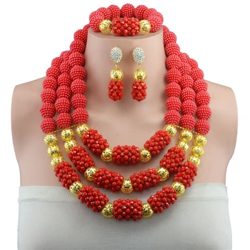 

Newest Nigerian Wedding African Beads Jewelry Sets Three Row Crystal Necklace Earrings For Women 2017 Red Color Fine Jewelry