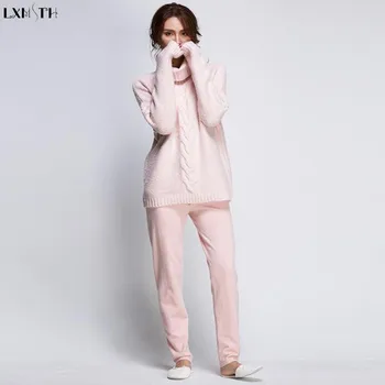 

2019 Autumn Winter Women Knitting Turtleneck Sweater Pants Suit Set Casual Knitted Tracksuit Femme Outfits 2 Pieces Set Pink