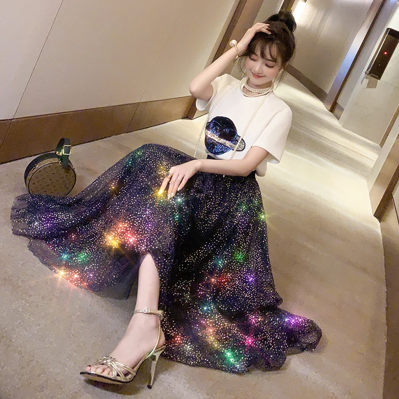 

2019 Summer 2 Piece Set Women Preppy Style Planet Saturn Sequined T-shirt + Overlay Sequins Mesh Midi Skirts Runway Skirt Suit