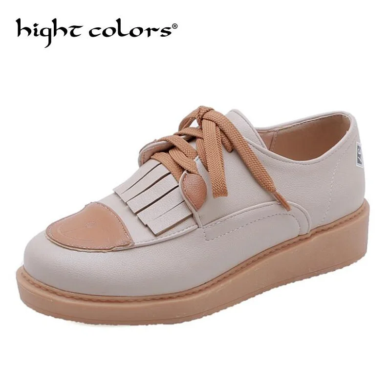 

Creepers Women Shoes Large Size 43 Flat Platform Shoes Lace-Up Round Toe Women Flats Casual Shoes Sweet Tassel Female Shoes