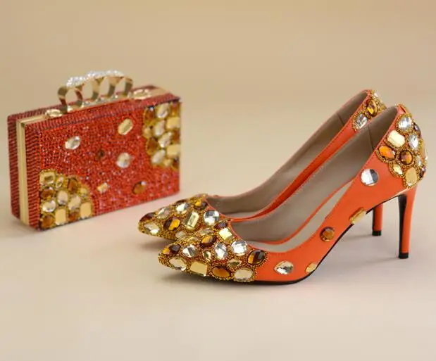 Love Moments/женские туфли-лодочки из натуральной кожи модные свадебные туфли оранжевого цвета с острым носком 8 см и сумочкой в комплекте женская обувь на каблуках - Цвет: orange shoe and bag